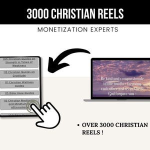 May include: Image promoting Christian content with the text "3000 CHRISTIAN REELS". A tablet displays quote categories, while a laptop shows a sunset image with a quote. The image includes the text "OVER 3000 CHRISTIAN REELS!"