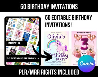 50 Editable Birthday Invitation Templates | Canva MRR/PLR (Digital Download)