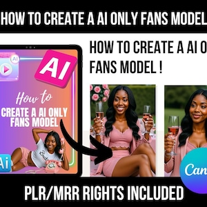 Op de afbeelding: Afbeelding ter promotie van een gids over het creëren van een AI Only Fans-model. De afbeelding toont een tablet met de tekst "How to Create an AI Only Fans Model" en een vrouw die een glas wijn vasthoudt. Het Canva-logo is zichtbaar.