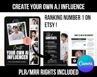 May include: A digital product advertisement with the text "Create Your Own A.I. Influence" and "Ranking Number 1 on Etsy!". The image features a tablet with a book cover design, a table of contents, and a Forbes article about AI influencers.