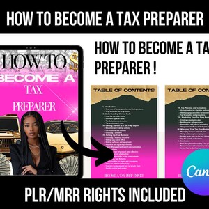 Könnte beinhalten: Eine digitale Grafik mit dem Text "HOW TO BECOME A TAX PREPARER" in Weiß und Schwarz. Das Bild enthält ein Tablet mit einer Frau und Luxusautos sowie zwei "Inhaltsverzeichnis"-Seiten. Der Satz "PLR/MRR RIGHTS INCLUDED" ist ebenfalls vorhanden.