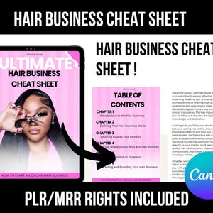 Pode incluir: Um guia digital intitulado "Hair Business Cheat Sheet" em um tablet, com uma mulher segurando uma tesoura. O guia inclui capítulos sobre como iniciar um negócio de cabelo online, definir um modelo de negócios e obter fornecedores. O logotipo da Canva é visível.