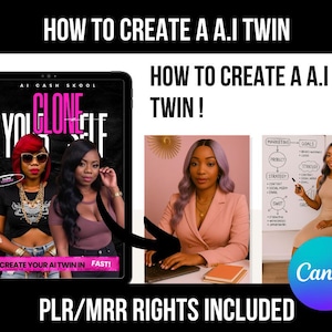 Könnte beinhalten: Werbebild mit dem Text "HOW TO CREATE A A.I TWIN". Es zeigt einen Tablet-Bildschirm mit zwei Frauen und zwei weitere Bilder einer Frau, eine an einem Schreibtisch und eine andere in der Nähe einer Whiteboard mit einem Marketing-Diagramm. Das Canva-Logo ist sichtbar.