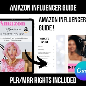 May include: An Amazon Influencer Guide with the text "Amazon Influencer Ultimate Course" on a tablet screen. The guide includes a table of contents and a Canva logo. The image features a woman with pink hair and a ring light.