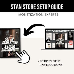 May include: Image promoting a Stan Store setup guide and email automation. The image shows a tablet and a laptop with the text "How to Set Up Stan Store & Email Automation" and "Email Automation PLR MRR Ebook". Includes "Step by Step Instructions".