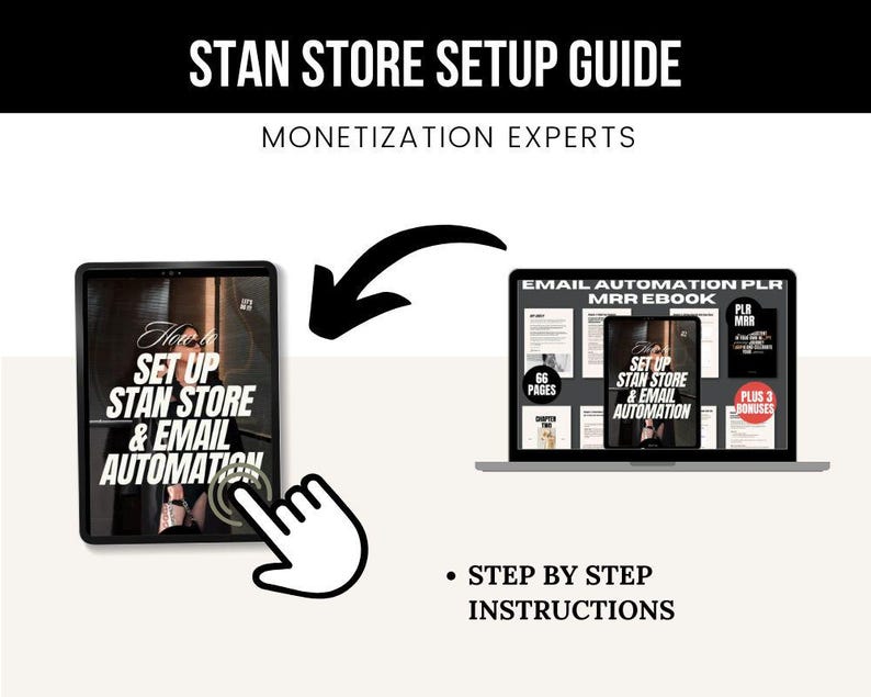 May include: Image promoting a Stan Store setup guide and email automation. The image shows a tablet and a laptop with the text "How to Set Up Stan Store & Email Automation" and "Email Automation PLR MRR Ebook". Includes "Step by Step Instructions".