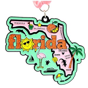 May include: A pink and green metal Florida state outline with glitter, a smiling sun with sunglasses, a pink flamingo, a turtle, a seashell, a lizard, a palm tree, and the text "Florida" in orange letters.