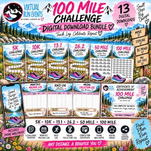 Może przedstawiać: Zestaw do pobrania cyfrowego 100 Mile Challenge zawierający 13 trackerów, dzienników i certyfikat do druku. Projekt zawiera górskie krajobrazy, buty do biegania oraz motywujący tekst, taki jak 100 Mile Challenge i Track. Log. Celebrate. Repeat.