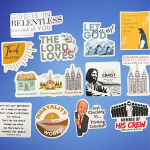 May include: A collection of religious-themed stickers with various designs and quotes. The stickers feature phrases like "God is in relentless pursuit of you," "Let God prevail," and "Think Celestial." Images include a church, temple, and a portrait of Jesus.