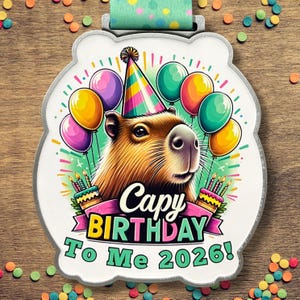 May include: A commemorative medal with a capybara illustration wearing a party hat, surrounded by balloons and cakes. The text reads "Cappy Birthday To Me 2026!" The medal has a green ribbon and is decorated with colorful confetti.