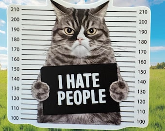 I Hate People Cat Sticker, Funny Grumpy Cat, Water-Resistant Vinyl