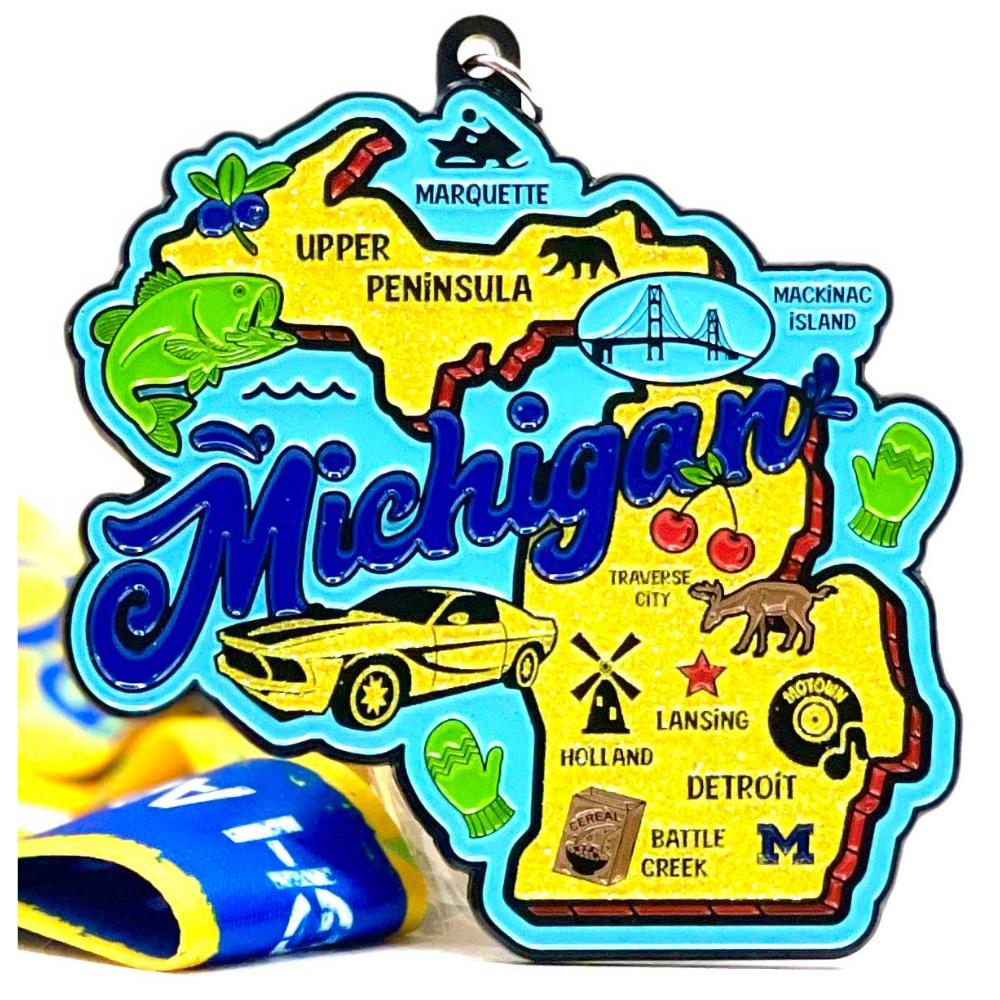 Race Through Michigan 1M 5K, 10K, 13.1, 26.2 Running and walking virtual race medal, virtual race,  race through America, run 50 states