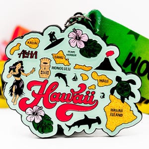 May include: A green, blue, and red enamel pin shaped like the islands of Hawaii. The pin features the words "Hawaii" and "Aloha" in a stylized font. The pin also includes images of a surfer, a tiki, a dolphin, a turtle, a shark, and a hibiscus flower.