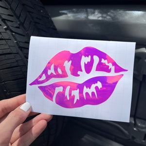 Holographic Pink Lips Decal: Weatherproof Car Window Sticker