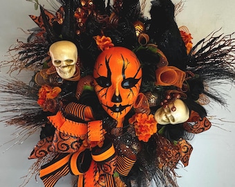 XL Halloween wreath, Spooky Mannequin wreath, Gothic Halloween decor, Entryway decor, Halloween Door decor. Haunted Harvest Halloween Wreath