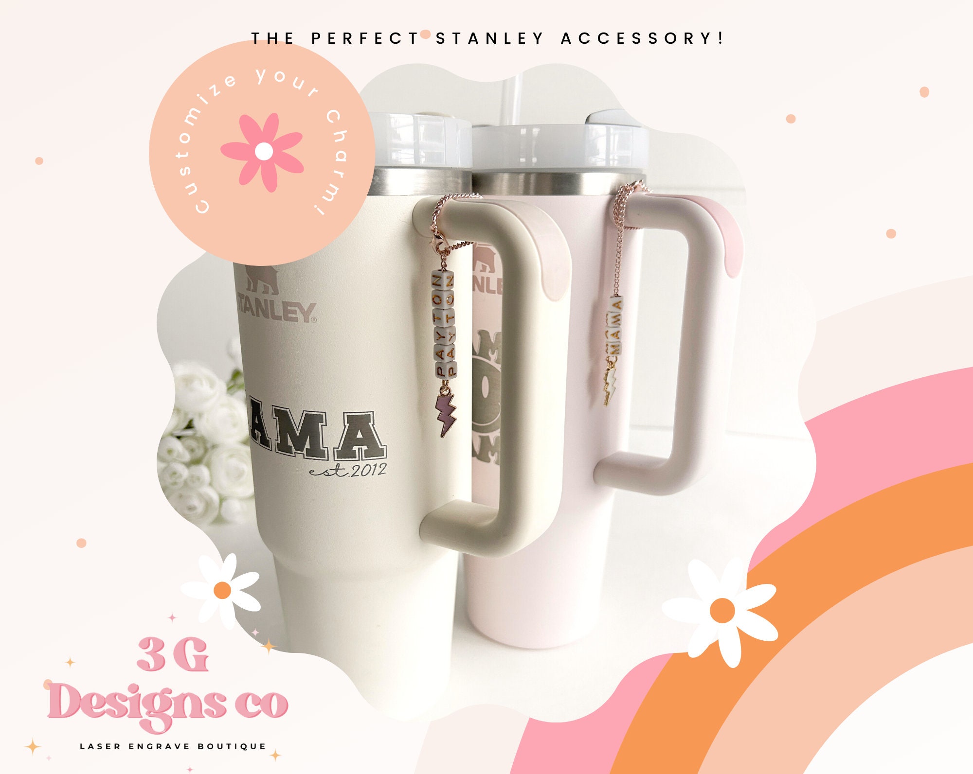 Cup Charm Keychain Handle Stanley 40oz 30oz Adventure Quencher Yeti Tumbler  Accessories Alphabet Initial Blue Pink White Coffee Cup 