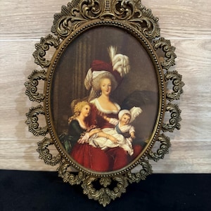 Vintage Italian Ornate Brass Oval Framed Print – Marie Antoinette with Children- Antique Brass Framed Art- Vintage Rococo Ornate Frame