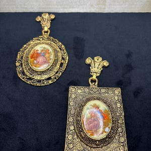 Vintage Fragonard Limoges Porcelain Wall Hanging Cameos - Vintage Courting Couple Scene- Vintage 24KT Gold Wall Frames