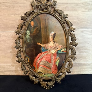 Vintage Italian Ornate Brass Oval Framed Print – Marie Antoinette in Red- Antique Brass Framed Art- Vintage Rococo Ornate Frame