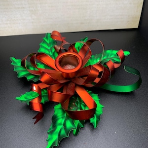 Vintage Department 56 Holly Ribbon Candle Holder- Christmas Candle Holder- Metal Candle Holder