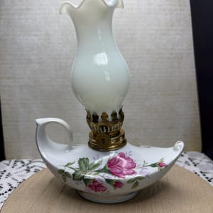 Vintage Flower Oil Lamp- Vintage Kerosene Genie Lamp- Vintage Milk Glass Lamp- Vintage Tabletop Lamp