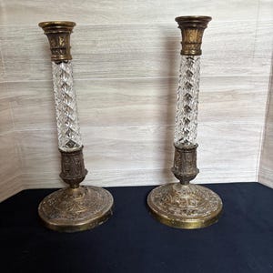 Antique French Empire Bronze and Crystal Candle Holders- Antique Candle Holders- Vintage Glamorous Candles