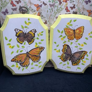 Vintage Handpainted Butterfly Wood Wall Hangings- MCM Art- Art Plaque- 70s Art