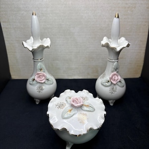 Vintage Japanese 3 Piece Vanity Boudoir Set- Vintage Perfume Bottles- Vintage Floral Vanity Set- Vintage Porcelain Vanity
