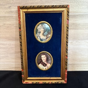 Antique Portrait Cameos on Velvet– Marie Antoinette & Empress Elisabeth- Regency Women- Vintage Wall Cameos- Antique Portrait Paintings