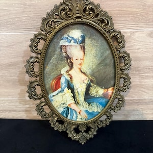 Vintage Italian Ornate Brass Oval Framed Print – Marie Antoinette Portrait- Antique Brass Framed Art- Vintage Rococo Ornate Frame