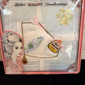 Vintage 1960s Boxed Floral Handkerchiefs- Vintage Handkerchiefs and Necklace Set- Vintage Linens
