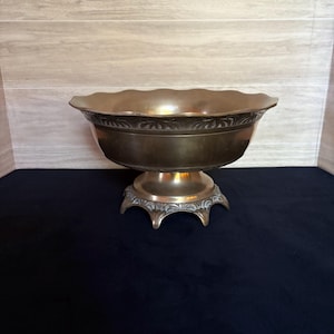 Vintage Brass Pedestal Bowl- Vintage Brass Footed Bowl- Vintage Embossed Brass Decor