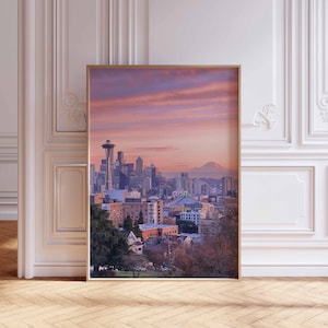 Spectacular Sunset Art Print, Kerry Park Seattle, Pink Skies, Mount Rainier, Space Needle, City Skyline Download