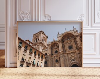 Impresión fotográfica de arquitectura europea española, arte mural en tonos neutros, decoración de viajes a España, edificios del Viejo Mundo, descargable, imprimible.
