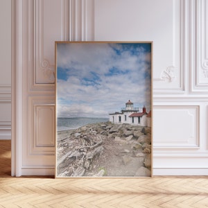 Seattle Coastal Lighthouse Printable Art, Discovery Park Seascape Wall Decor, Washington Beach Landscape Print, Digital Download
