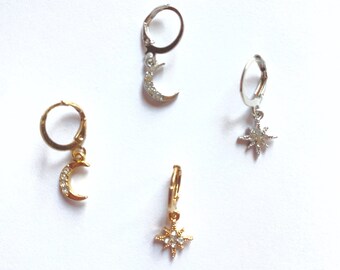 18K ゴールド スター フープ、ヒンジ フープ イヤリング、星付きフープ イヤリング、ムーン フープ、ゴールド フィルド ハギー フープ、スペース カウボーイ、ディスコ カウボーイ