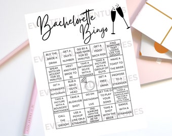 May include: A black and white printable bachelorette bingo card with 25 squares. Each square contains a different activity or challenge for the bride-to-be and her friends to complete. Some of the activities include getting a stranger's autograph, taking a picture with a bouncer, and taking a selfie with a stranger.