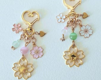 Cute Cherry Blossom Keychain | Handmade Gift | Bag Charm | Sakura | Beaded Keychains | Pink | Green | Jewelry