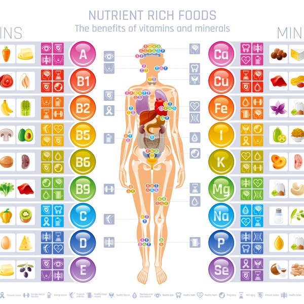 Vitamin- und Mineralstofftabelle, digitales Poster, Größe 24 x 18