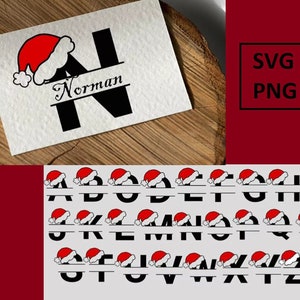 May include: A set of alphabet letters with a Santa hat on top of each letter. The letters are black and the Santa hats are red and white. The letters are separated by a horizontal line. The letters are in uppercase.