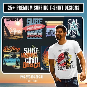 Premium Surfen T-Shirt Designs, Tropisch geschnitten Datei, Strand Leben Clipart, Sommer Vibes Schablone, Unisex Strand Shirt Desings, Print on Demand