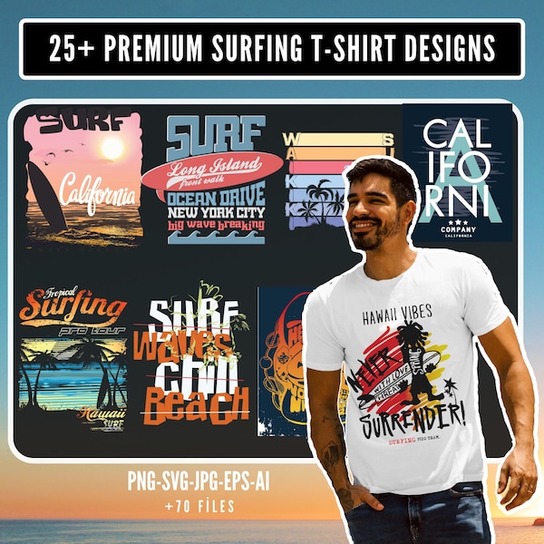 Premium Surfing T-Shirt Designs, Tropical Cut File, Beach Life Clipart, Summer Vibes Stencil, Unisex Beach Shirt Desings, Print on Demand