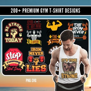 Mais de 200 designs de camisetas de ginástica premium, svg de fitness, svg de treino, designs exclusivos e de alta qualidade para impressão sob demanda, arquivos SVG de uso comercial para Cricut