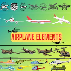 May include: A collection of airplane and helicopter illustrations, including various types of aircraft, logos, and the text "AIRPLANE ELEMENTS".