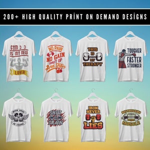 May include: Ten different designs for t-shirts featuring motivational fitness quotes and graphics. The designs include phrases like "Gym is my new lover", "No pain no gain", "This is my therapy", "Tougher faster stronger", "Work hard be strong", "Shut up and train", "Iron never lies", and "Bodybuilding center power muscle".