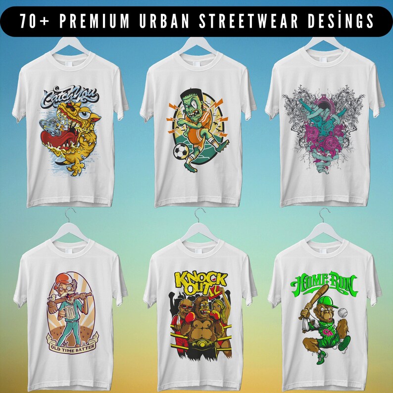 May include: Six white t-shirts with different graphic designs. The designs include a monster with the text "Catch You", a green monster playing soccer, a skull with wings and flowers, a man with a beer and the text "Old Time Batter", a gorilla boxing with the text "Knock Out", and a monkey swinging a baseball bat with the text "Home Run".