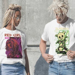 May include: Two white t-shirts with different graphic designs. The first shirt features a red-haired anime girl with a mask and the text "RED GIRL" and "精神". The second shirt features a green cartoon pig wearing a hockey mask and the text "SLASHING PARTY" and "DON'T YOU EVER".