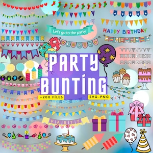 May include: A collection of colorful party bunting flags with various designs, including stars, hearts, and stripes. The bunting is perfect for decorating for birthdays, holidays, and other celebrations. The image also includes other party decorations, such as balloons, cupcakes, and gift boxes. The text "Let's go to the party" and "Happy Birthday" are included in the image.