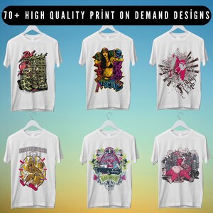 May include: Six white t-shirts with different graphic designs. The designs include a cartoon character with a microphone, a woman with a microphone, a cartoon character with a microphone, a cartoon character with a basketball, a car with palm trees, and a cartoon character with a microphone.