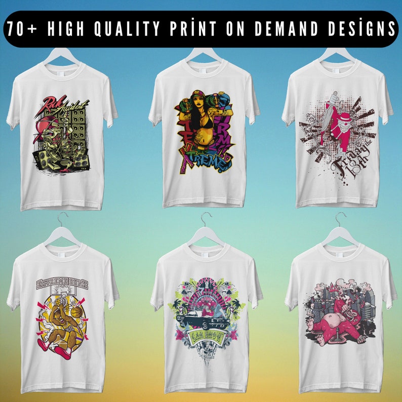 May include: Six white t-shirts with different graphic designs. The designs include a cartoon character with a microphone, a woman with a microphone, a cartoon character with a microphone, a cartoon character with a basketball, a car with palm trees, and a cartoon character with a microphone.